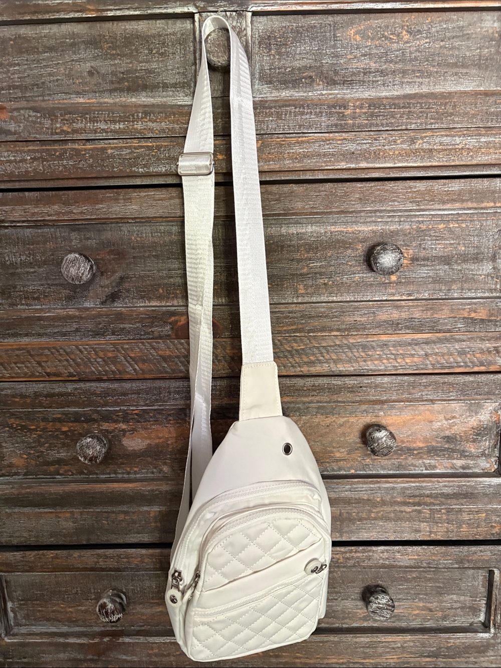 Cream Quilted Sling Bag with Front Zip Pocket
